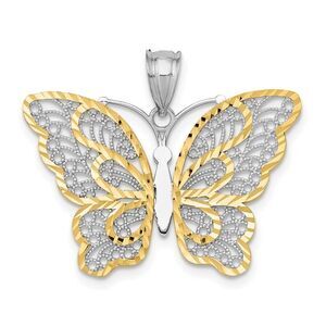 14k Yellow Gold & White Rhodium D/C Filigree Butterfly Pendant, 29mm